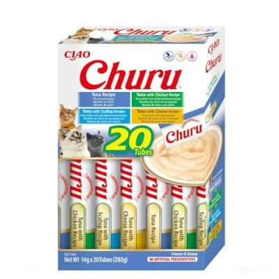 Immagine di INABA Churu Snack per Gatti Cremoso in 4 Varietà al Tonno 20 Stick x 14g Cibo da Leccare, Sano e Delizioso Gatto Senza Conservanti o Coloranti Artificiali, Grain Free