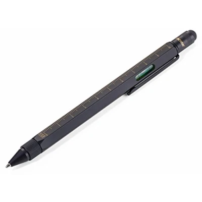 Immagine di TROIKA CONSTRUCTION PIP20/BG Penna a sfera multifunzionale, colore nero e oro, righello con centimetri pollici, scala 1:20 m 1:50 m, livella bolla, cacciavite piatto croce