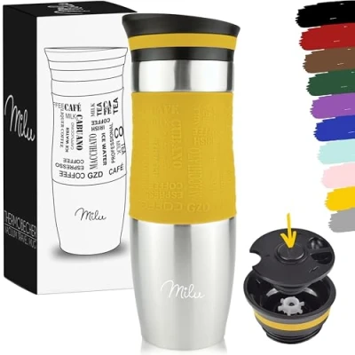 Immagine di Milu Tazza Termica da viaggio per caffè 370ml 450ml 100% a Prova di perdite Isolata e tè portare via bere in acciaio inossidabile Caldo freddo (Mango, 450ml)
