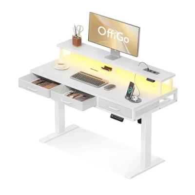 Immagine di OffiGo Scrivania Regolabile in Altezza con Cassetti, 120cm Elettrica Supporto per Monitor, Gaming Prese e Luce LED, Standing Desk, Bianco
