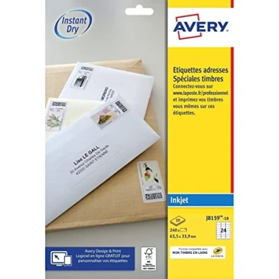 Immagine di Avery Etichette autoadesive (24 per foglio) 63,5 x 33,9 mm Stampa a Getto d&#039;Inchiostro, Bianco, j8159 Confezione da: 10 fogli bianco