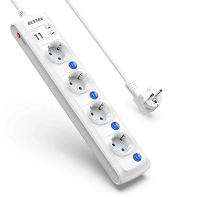 Immagine di BESTEK 2000J Multipresa Elettrica 4 Prese, Ciabatta 2 USB con Interruttori Indipendenti Protezione Anti fulmine da Sovratensione, 3600W/16A Cavo 1.8m, Bianco