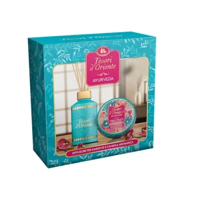Immagine di Tesori d&#039;Oriente Set Regalo, Profumatore per Ambienti con Bastoncini 200 ml e Candela Profumata Piccola 109 gr, Fragranza Ayurveda, Confezione Regalo
