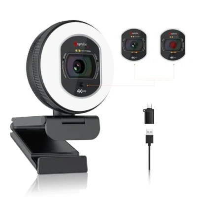 Immagine di Angetube webcam 4K con luce per PC: UHD 4K, TOF messa a fuoco automatica, doppio microfono AI cancellazione del rumore, 1080p@60FPS, streaming USB w/copertura privacy