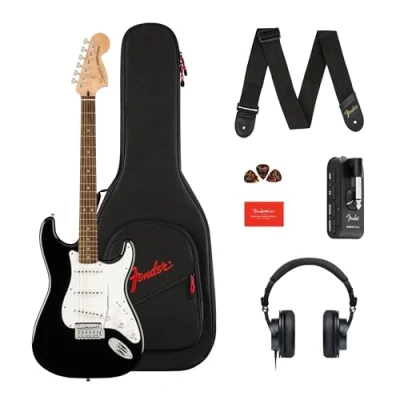 Immagine di Pacchetto chitarra elettrica Squier by Fender Affinity Series™ Stratocaster® Include Mustang™ Micro, cuffie HD9, tracolla, plettri, custodia protettiva e Play