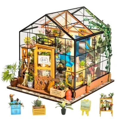 Immagine di Rolife Kit per casa delle bambole in miniatura fai da te, scala 1:24, con serra legno e mobili miniature, donne, bambine, bambini, regalo compleanno, Natale San Valentino