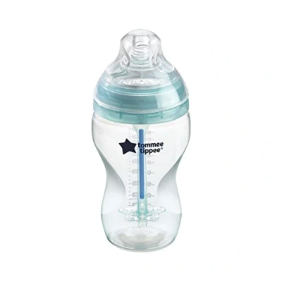 Immagine di Tommee Tippee Biberon Anticolica, Tettarella Simile al Seno e Sistema di Ventilazione 340ml, Confezione da 1, Trasparente, Colore design possono variare