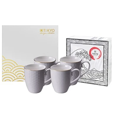 Immagine di TOKYO Design studio Nippon White Set di 4 Tazze Bianco, con Bordo in Oro, Ø 8,5 cm, Altezza 10,2 380 ml, Porcellana Asiatica, Giapponese, Confezione Regalo Inclusa.