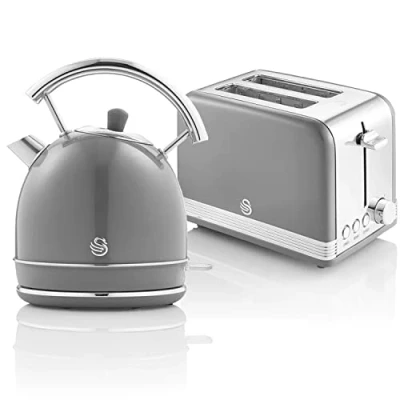 Immagine di Swan Retro Colazione Set 1,8 L Bollitore Senza Fili con Elemento Riscaldante in Acciaio Inox, Tostapane a Fessura Larga 2 Fette, Regolatore di Tostatura 6 Livelli, Design Vintage, Grigio