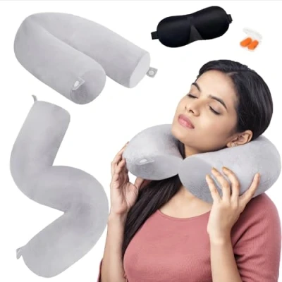 Immagine di Cuscino da Viaggio, Cervicale Memory Foam, Supporto per Collo Regolabile, Cilindrico Lungo Vita e Gambe, Aereo Viaggi, Aereo, Treno, Ufficio, Casa, 68cm*10cm, Grigio