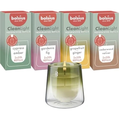 Immagine di Bolsius CleanLight Starter Set Candela profumata ricaricabile Supporto e 9 ricariche Fragranze multiple Verde Tempo di combustione 20 ore Estratti naturali cera vegana