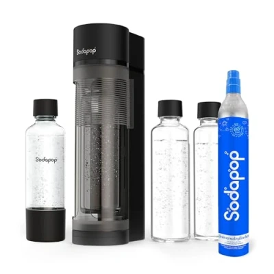 Immagine di Sodapop Aeratore Logan Starter Set con cilindro CO₂, 2 bottiglie di vetro (850 &amp; 600 ml) e 1 bottiglia in PET ml), colore nero opaco, altezza 42,6 cm