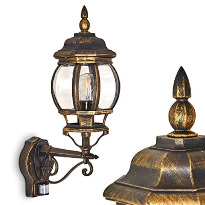 Immagine di Lampada da parete per esterni Lentua con rilevatore di movimento, verso l&#039;alto, in fusione alluminio marrone/oro dischi plastica, terrazza/giardino attacco E27, senza lampadina/e