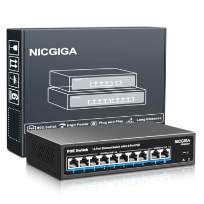 Immagine di switch PoE a 8 porte con 100 Mbps PoE+@120W + 2 uplink Gigabit, di rete NICGIGA 10 802.3af/at Power Over Ethernet non gestito, VLAN e modalità extender 250m, senza ventola.