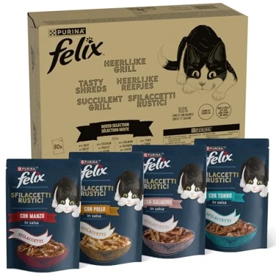 Immagine di Purina Felix Sfilaccetti Rustici Cibo Umido per Gatti con Manzo, Pollo, Salmone, Tonno, 80 buste da 80g, 1 Unità (Confezione 1)