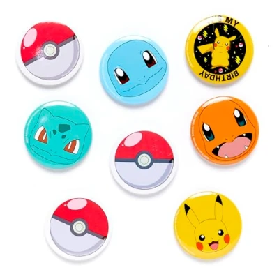 Immagine di Amscan 9917114 Distintivi per feste di compleanno bambini Pokémon con carta supporto, confezione da 8