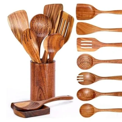 Immagine di Tagtight set di 9 utensili da cucina, cucchiai in legno per cucinare e spatola, spatola padella, legno, cucchiaio zuppa con porta utensili,