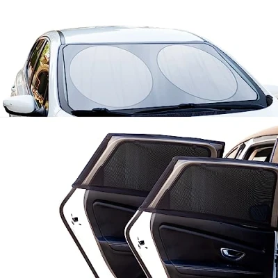 Immagine di +PWR Car Parts Pacchetto estivo di parasole + laterali. anteriore pieghevole argento 150 x 80 cm più 2 laterali elastici universali microforati.