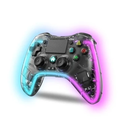 Immagine di NK Controller per PS4 / PC/Android Wireless con 2 Shock, 6 assi, pulsanti MACRO, 7 Modalità di Luce LED, Touchpad, Ingresso Cuffie, Cavo Ricarica incluso Nero Trasparente