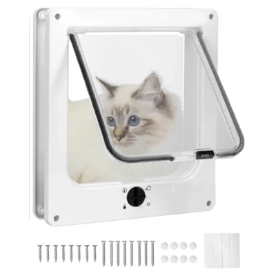 Immagine di QWORK® gattaiola per Gatti, Porta con Chiusura Rotante a 4 Vie, Bianca, 27 x 23.5 5 cm, Installazione Semplice e riduzione del Rumore