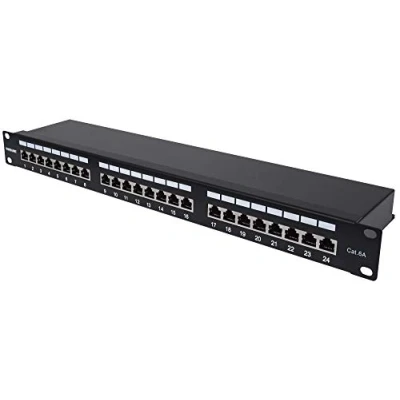 Immagine di Intellinet 24 Port Cat6a Patchpanel geschirmt 1HE Kabeleinführung 90 abgewinkelt schwarz Porte Patch panel 483 mm (19) 1 U Nero