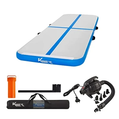 Immagine di KM Fit Airtrack Tappetino gonfiabile per fitness, 10 cm di altezza, 4 m, con borsa il trasporto, pompa ad aria elettrica e set toppe, resistente ai raggi UV, ginnastica allenamento,