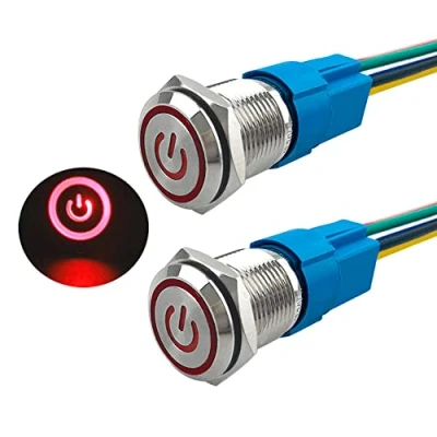 Immagine di Aiqeer 2 Pezzi 16 mm Interruttore a Pulsante Autobloccante, 12V / 24V 5A di Accensione per Auto, in Metallo con Presa Precablata (LED Rosso)