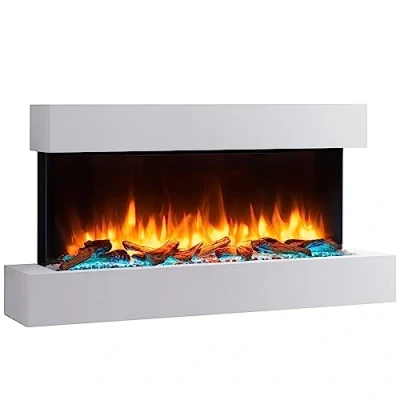 Immagine di BALDERIA camino elettrico Caminetto da parete con effetto fiamma 3D Riscaldamento 2000 W Focolare sospeso a telecomando, timer, termostato Bianco