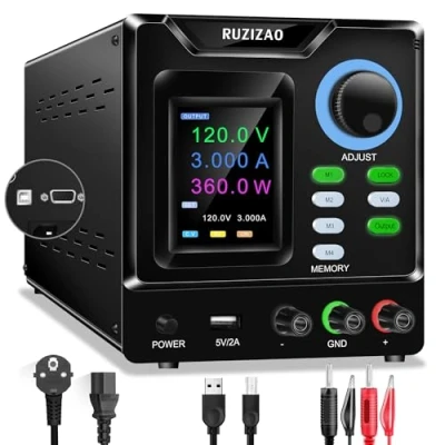 Immagine di RUZIZAO Alimentatore da Banco Programmabile 120V 3A, Laboratorio Regolabile con Software, Manopola Encoder, Memoria, Interruttore di Uscita, Pulsante Blocco e Porta Ricarica USB