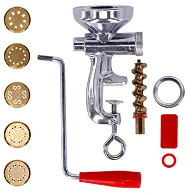Immagine di Torchio per Pasta Fresca con Ghiera in Alluminio e 5 Trafile Ottone Spaghetti, Maccheroni, Bucatini, Caserecce Chitarra Maker