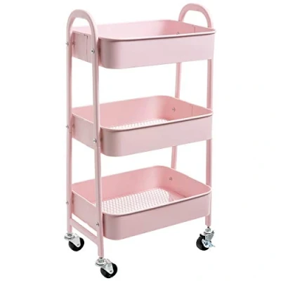 Immagine di DOEWORKS Carrello con Ruote Portatutto Carrellino 3 piani, Portaoggetti Metallo Cucina Bagno Ufficio Trucco, Rosa