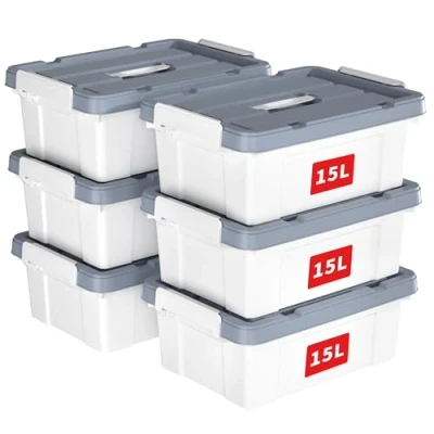 Immagine di Cetomo 15L*6 Scatola portaoggetti in plastica, Tote box,Contenitore organizzativo con coperchio resistente e fibbie di chiusura sicure, Impilabile inseribile, Confezione da 6, Bianco
