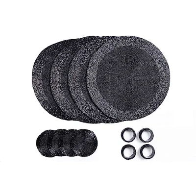 Immagine di Penguin Home® Set di 12 tovagliette, sottobicchieri e portatovaglioli con perline vetro, colore nero, tovagliette rotonde, realizzate a mano da abili artigiani indiani, diametro 32 cm
