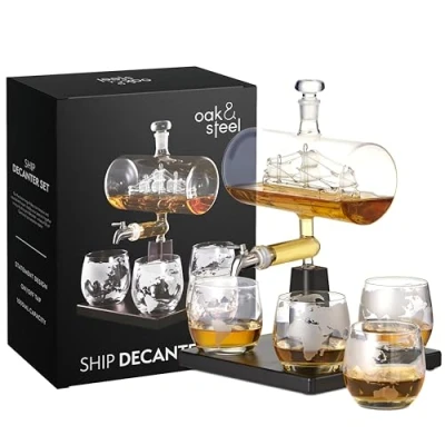 Immagine di Decanter per Whisky e Grappa (1000 ml) con Set di Bicchieri Dispenser Alcol a Forma Nave Confezione Regalo Design Raffinato