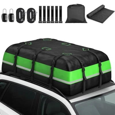 Immagine di Box da tetto auto (21 cubi) impermeabile 1000D Oxford, chiusura lampo a 4 vie, volume di viaggio 595 l, per vacanze in famiglia e campeggio, con 6 ganci porta, 2 serrature codice tappetino