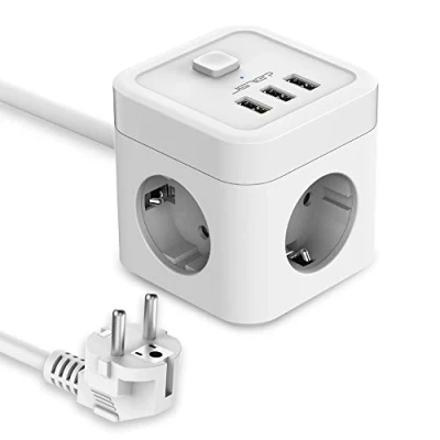 Immagine di JSVER Multipresa Cubo, Presa da Tavolo Cubo 3 vie USB con Interruttore, Prese interruttore Adatta per Smartphone Ufficio e Casa，cavo 1,5 m bianco