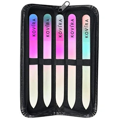 Immagine di Kovira Lima per unghie in vetro con custodia (set di 5) double face a lunga durata, set manicure/pedicure naturali e finte lime cristallo professionale