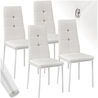Immagine di TecTake® Set 4 Sedie Sala da Pranzo Imbottite, Cucina in Similpelle, Gambe Acciaio, Soggiorno dal Design Elegante con Strass, Moderne Antiscivolo Bianco