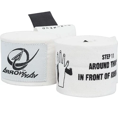 Immagine di Meister ArrowWay Fasce per Mani con Istruzioni e Direzioni Stampate sopra Boxe &amp; MMA 360 cm Elastic (Bianco)