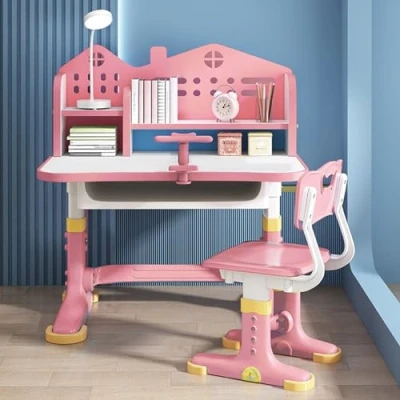 Immagine di Set di scrivania e sedia per bambini, altezza regolabile, studio design a distanza dorata prevenire la miopia, bambini con ampio cassetto