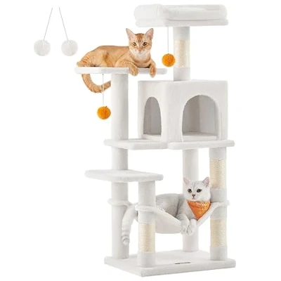 Immagine di Feandrea Albero per Gatti Alto 112 cm, Tiragraffi Gatti, con 4 Pali Graffiatoi, 2 Posatoi, 1 Grotta, Amaca, Pompon, in Peluche a Più Livelli, Bianco Crema PCT261T01