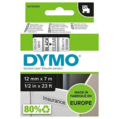Immagine di Dymo D1 Etichette Autoadesive per Stampanti LabelManager, Rotolo da 12 mm x 7 m, Stampa Nero su Trasparente, 1 Pezzo
