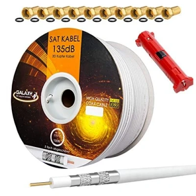 Immagine di HB Digital Cavo antenna satellitare coassiale, in rame, 135 dB, UHD 4K, incluso spelafili e 10 connettori F (dorati)