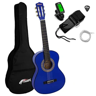 Immagine di TIGER CLG4 BLTU Chitarra Classica per Bambini Set Spagnola Misura 3/4, con Accordatore, Custodia, Plettri e Corde di Ricambio Principianti Colore Blu