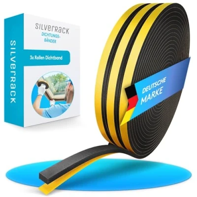 Immagine di SilverRack Guarnizione autoadesiva per porta, 15 m, colore nero, 6 mmx3 mm, 3 rotoli da 5 paraspifferi risparmiare sui costi di riscaldamento
