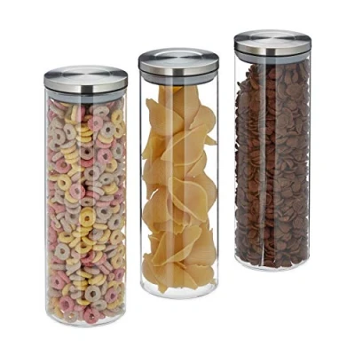 Immagine di Relaxdays Tris di Barattoli, Set da 3 1,8 L, Contenitori Pasta in Vetro Ermetici, Coperchio Acciaio, Trasparente