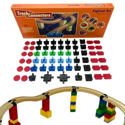 Immagine di TOY2 Engineer set con 64 connettori per binari compatibili ferrovia BRIO e mattoncini Lego Duplo, da costruzione 6 diversi traccia in legno sostenibile