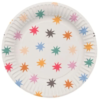 Immagine di Folat Decorazione bianca con stelle colorate Piatti Starburst 23 cm 8 pezzi Stoviglie allegre e per feste di compleanno bambini adulti, Multicolore, 26861
