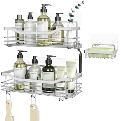 Immagine di Orimade Adesivo Mensola Bagno Doccia con Portasapone Mensole Caddy 5 Ganci per Appendere Spugnette Portacoltelli da Barba Senza Foratura Inossidabile SUS304 3 Pezzi