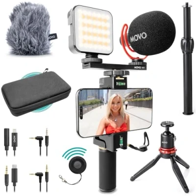 Immagine di Movo iVlogger PRO Kit di Vlogging per iPhone/Android Avviamento YouTube Creatori Contenuti Accessori: Treppiede Telefono, Supporto Luce RGB e Microfono VXR10